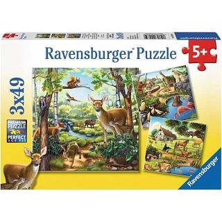Forest / Zoo / Domestic Animals - 3 x 49 Piece Puzzles