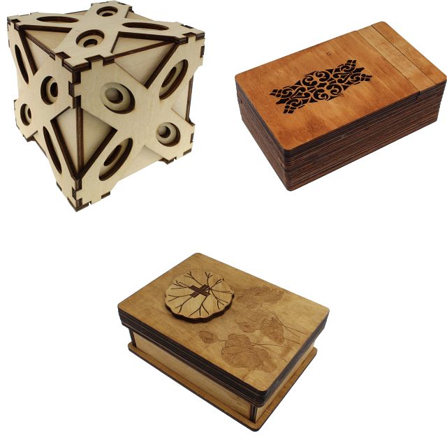 Set of 3 Wooden Puzzle Boxes Lotus, Answer, Sphinx Puzzle Boxes Puzzle Master Inc